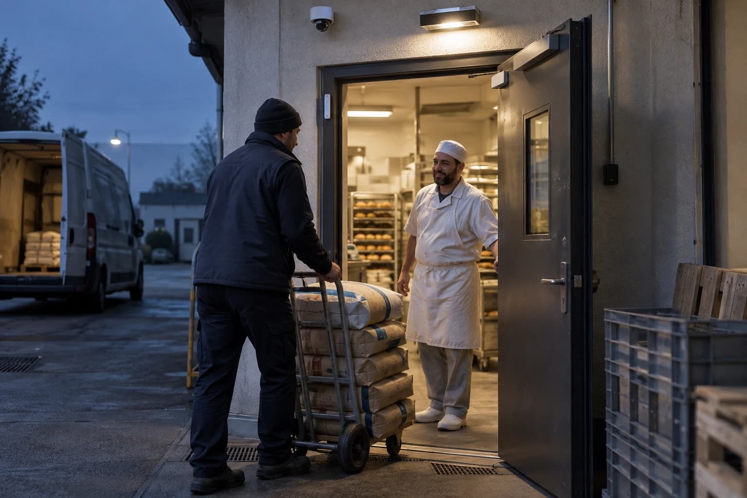 Illustration fictive d’une livraison matinale à l’accès arrière d’une boulangerie