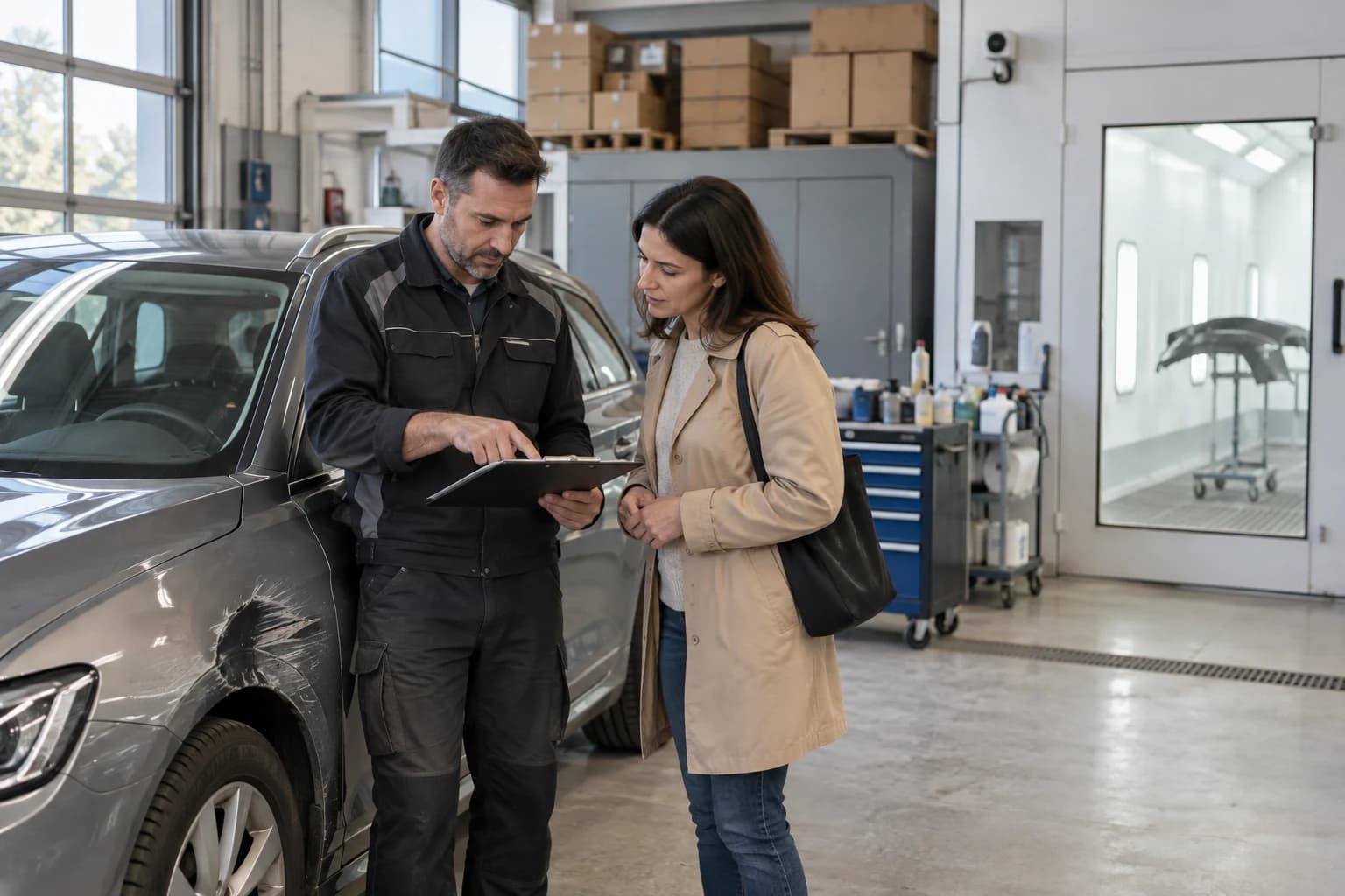 Illustration réaliste d’un constat de réception de véhicule en carrosserie