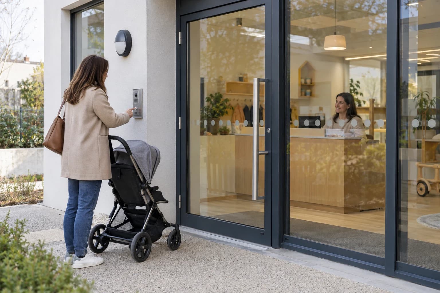 Illustration d’un vestibule de crèche avec interphonie et accueil humain, sans enfants filmés