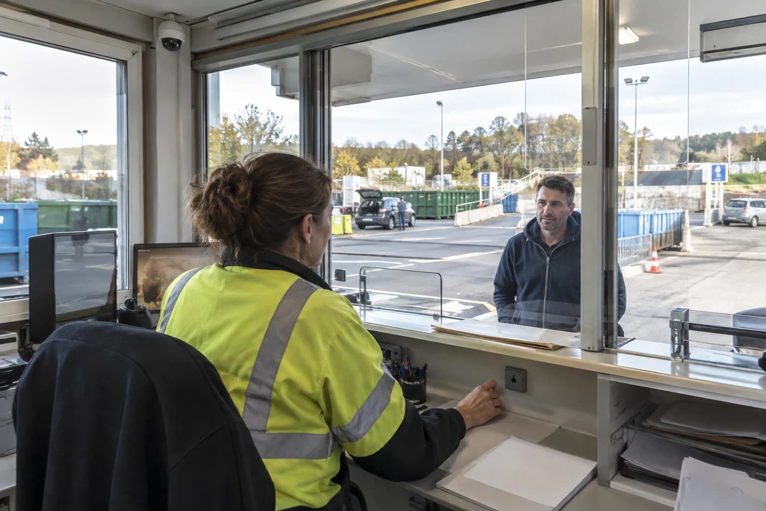 Illustration réaliste d’un poste d’accueil de déchetterie et de sa demande d’aide