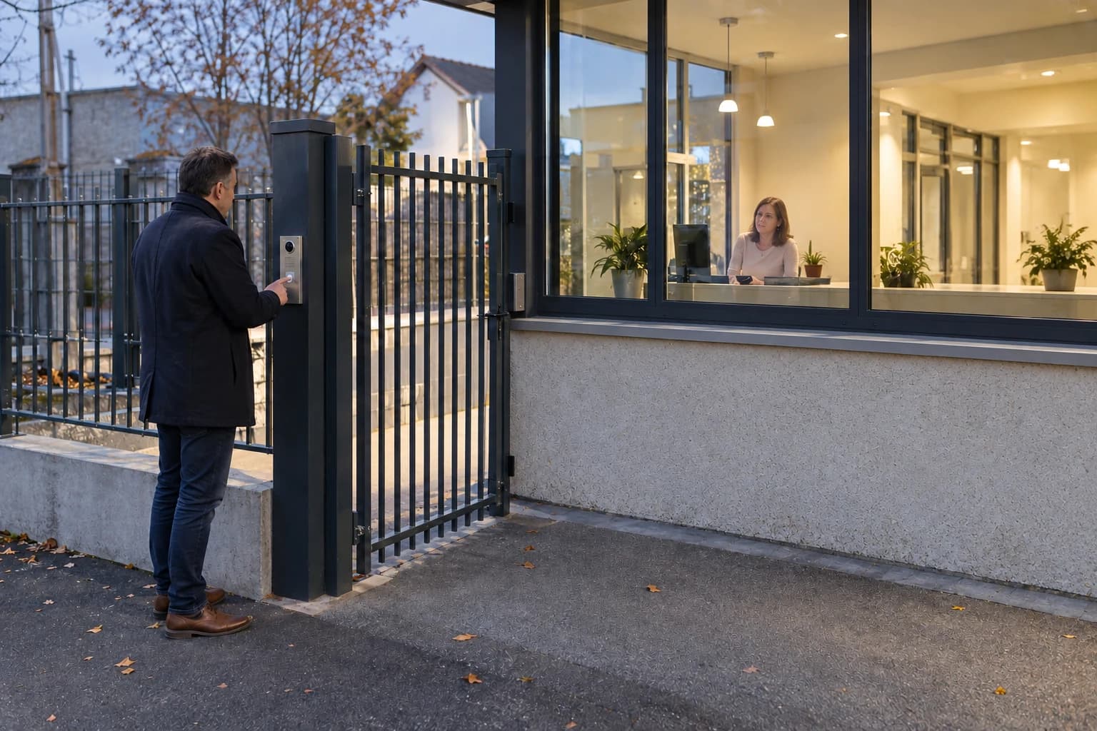 Illustration d’un contrôle d’accès à l’entrée d’une école lors d’un essai entre adultes