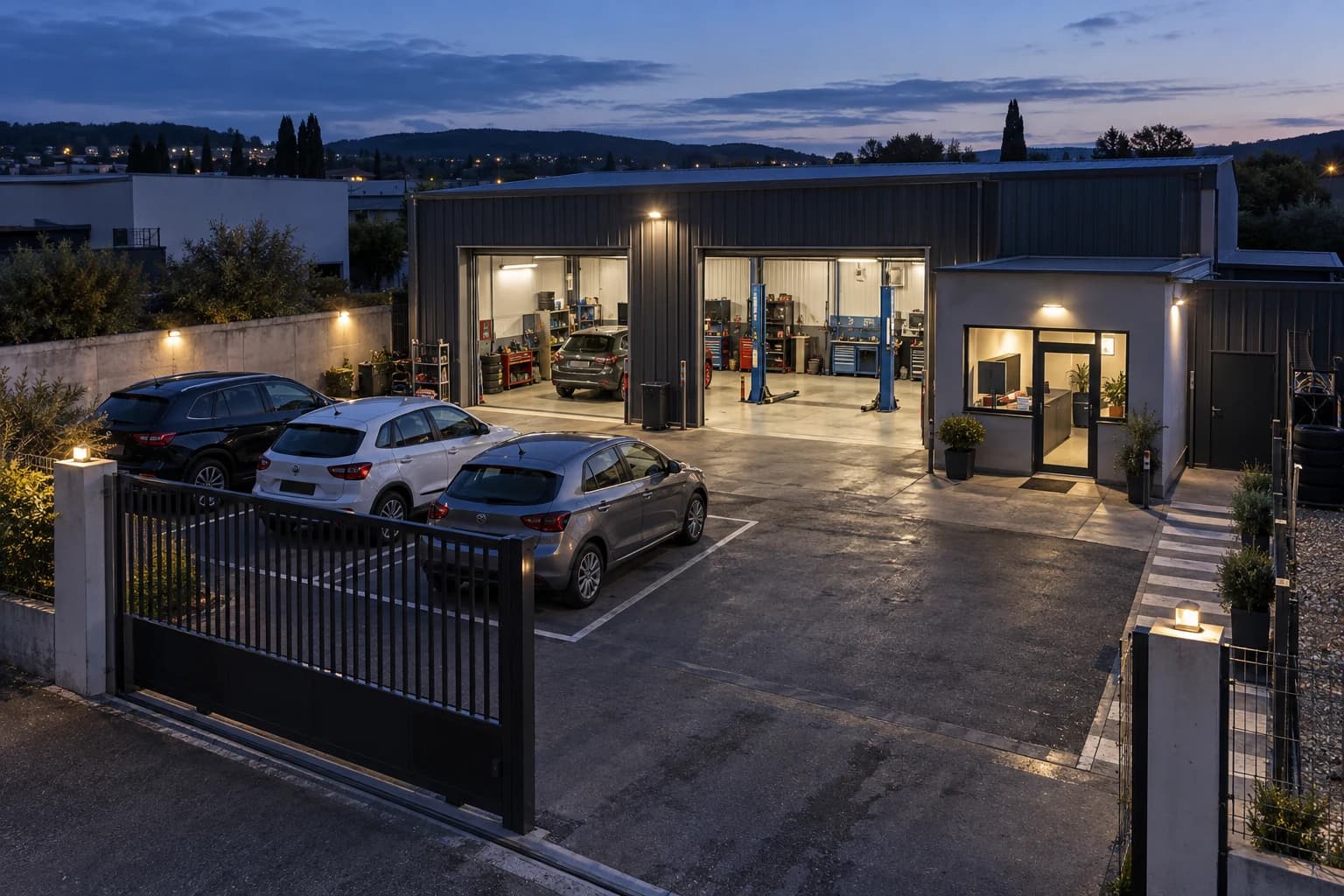 Illustration réaliste : garages automobiles, espaces et accès correspondant à l’activité