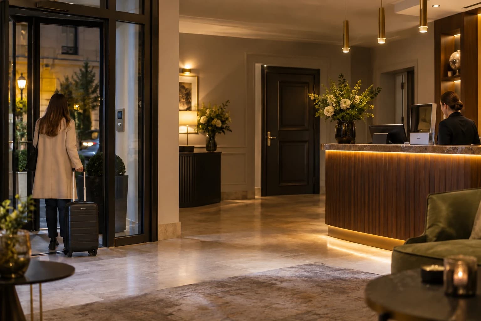 Illustration de l’accueil de nuit d’un hôtel avec entrée clients et accès de service distincts