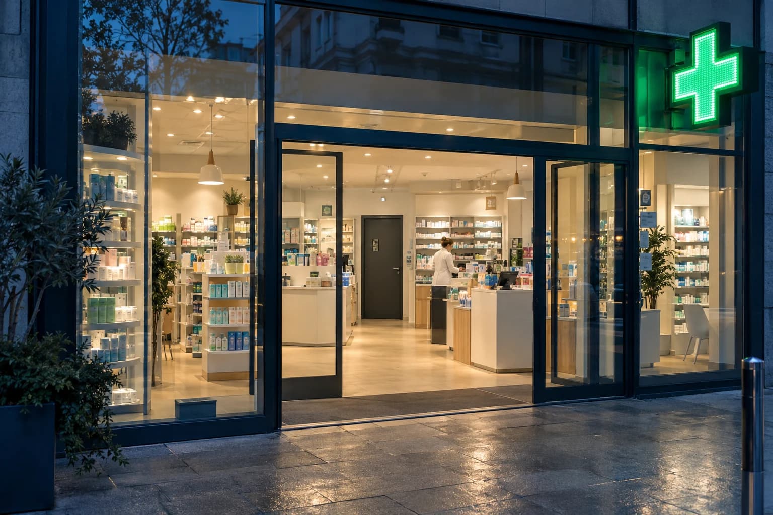 Illustration réaliste : pharmacies, espaces et accès correspondant à l’activité