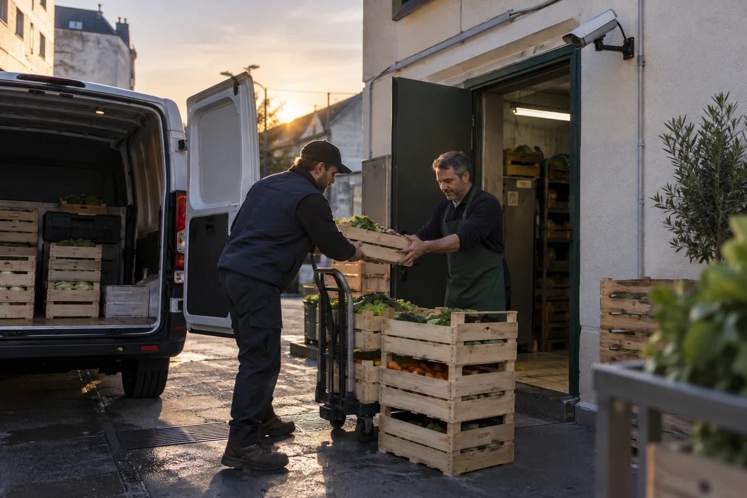 Illustration fictive d’un arrivage matinal de cageots chez un primeur