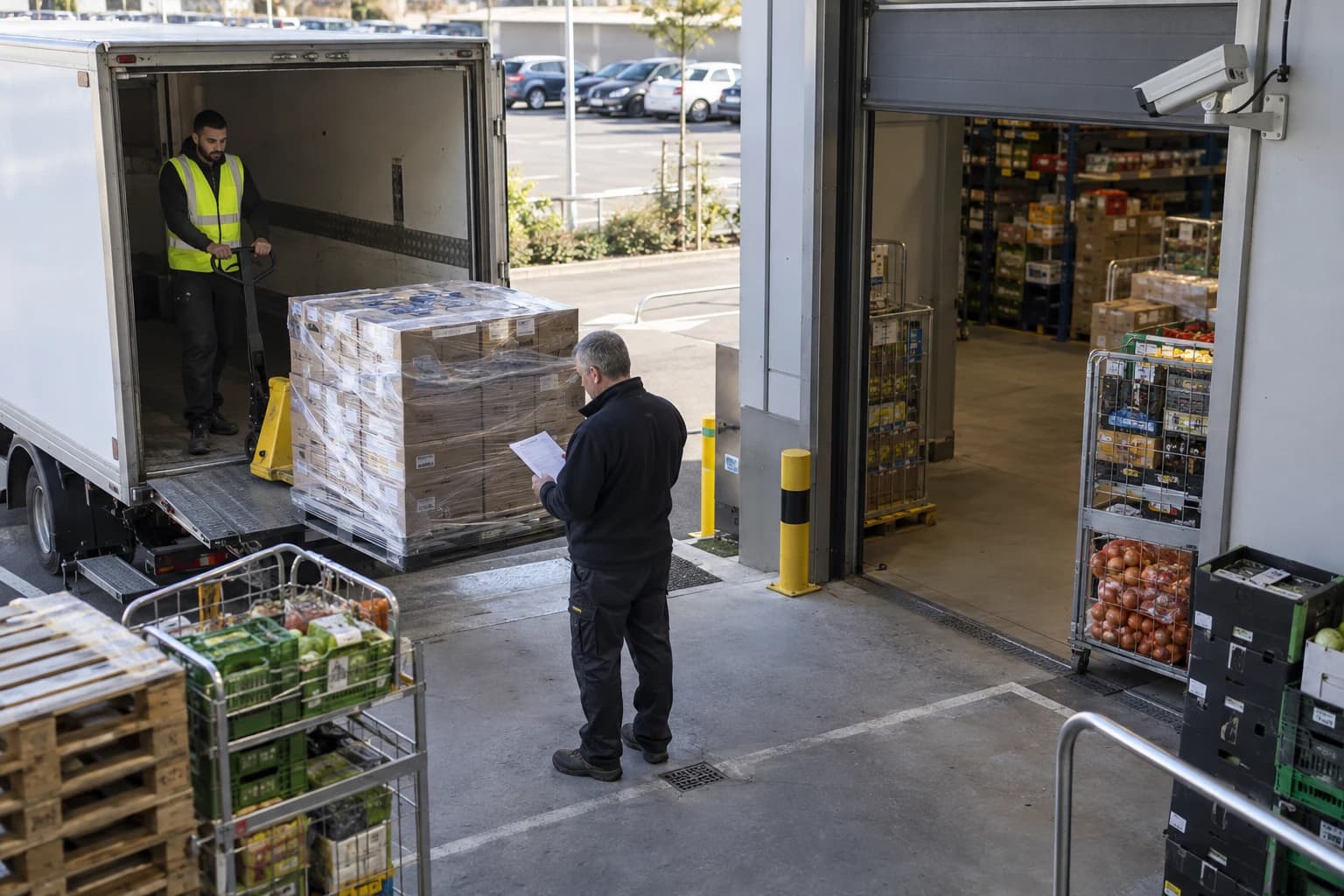 Illustration fictive d’une réception de palettes à l’arrière d’un supermarché