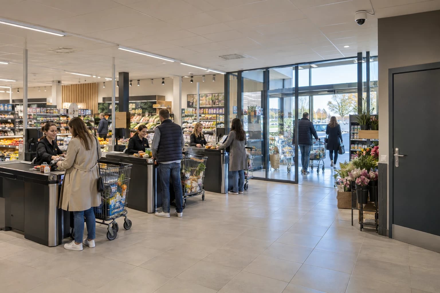 Illustration réaliste : supermarchés, espaces et accès correspondant à l’activité