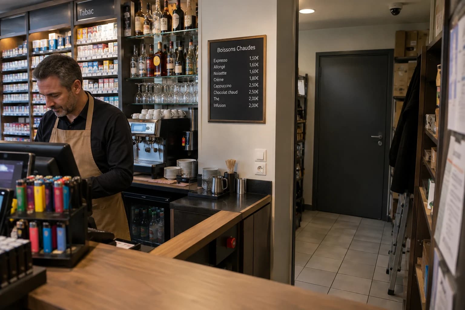 Illustration fictive d’un comptoir de bar-tabac et de l’accès à sa réserve