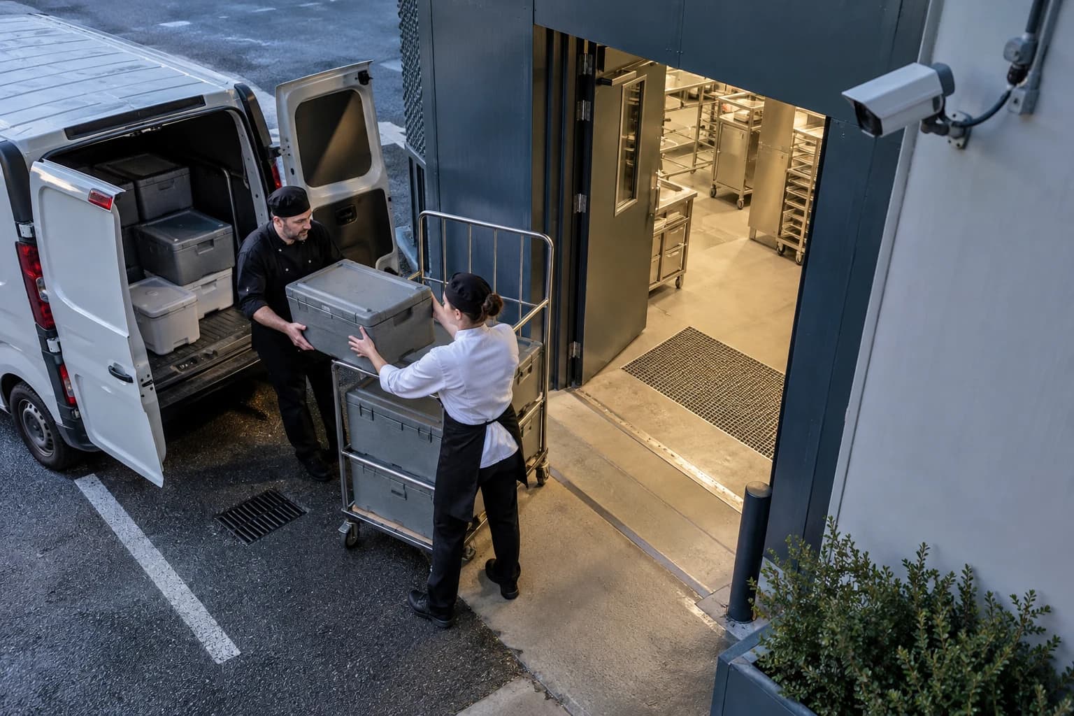 Illustration fictive du chargement de caisses dans un utilitaire de traiteur