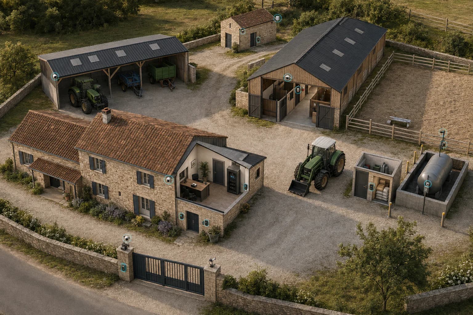 Plan 3D d’une exploitation agricole avec portail, caméras de cour, alarmes de hangar, alertes techniques, PTI et réseau longue portée