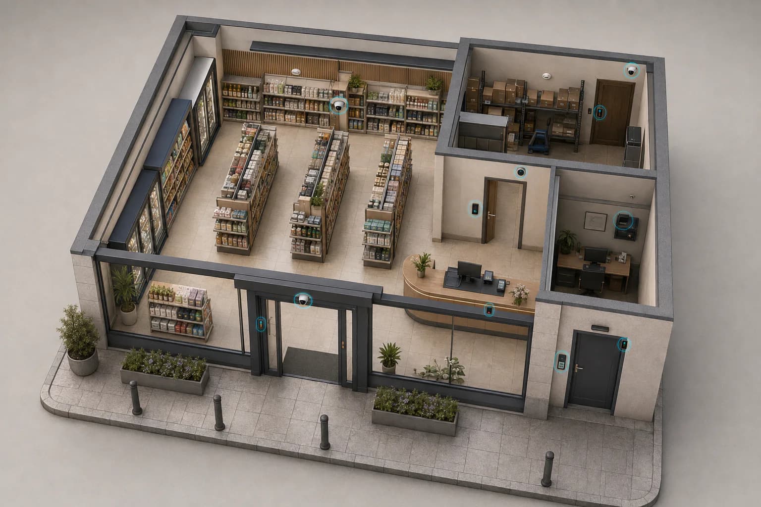 Plan 3D d’un commerce avec implantation des caméras, alarme, bouton d’urgence, accès réserve, interphone et réseau