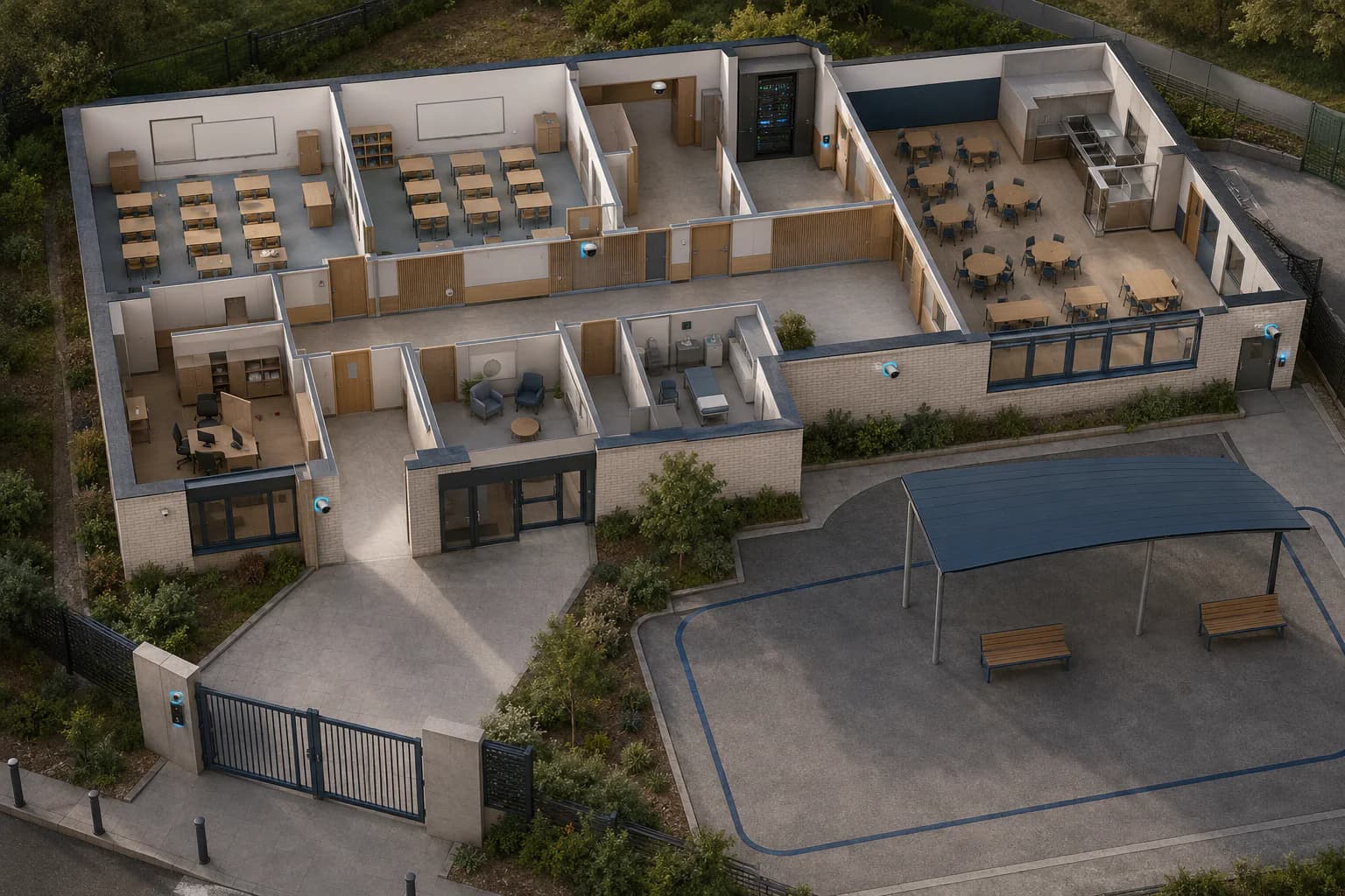 Plan 3D d’un établissement scolaire avec portail sécurisé, interphone, caméras extérieures, badges, PPMS, incendie et réseau