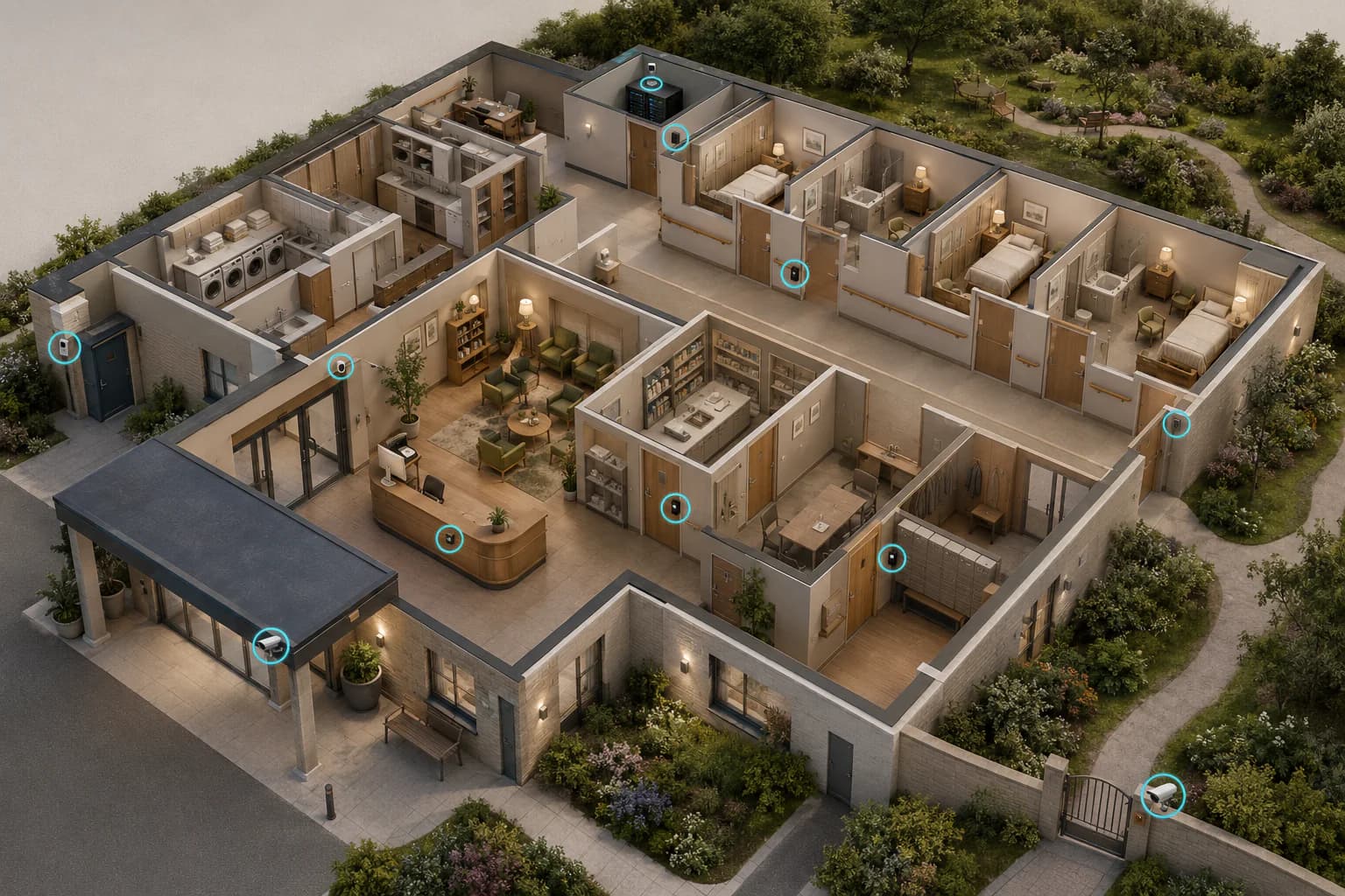Plan 3D d’un EHPAD avec entrée, accueil, jardin sécurisé, accès médicaments, interphone, alertes et réseau