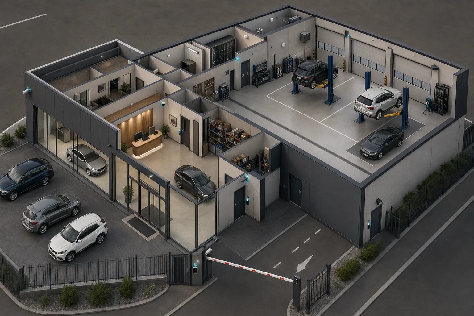 Plan 3D d’un garage et d’une concession avec portail, caméras, lecture de plaques, badges, alarme, incendie et réseau