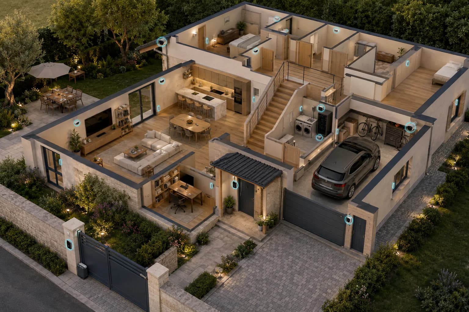 Plan 3D d’une maison avec portail, visiophone, caméras extérieures, alarme, garage, brouillard et alertes techniques