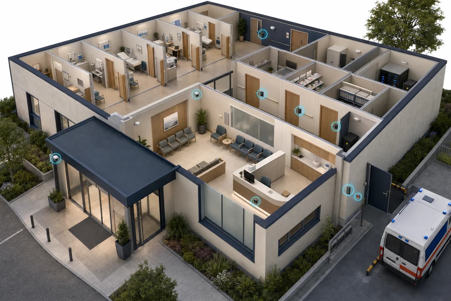 Plan 3D d’un hôpital avec accès public, badges, caméras d’entrée, boutons d’urgence, pharmacie, alertes techniques et réseau