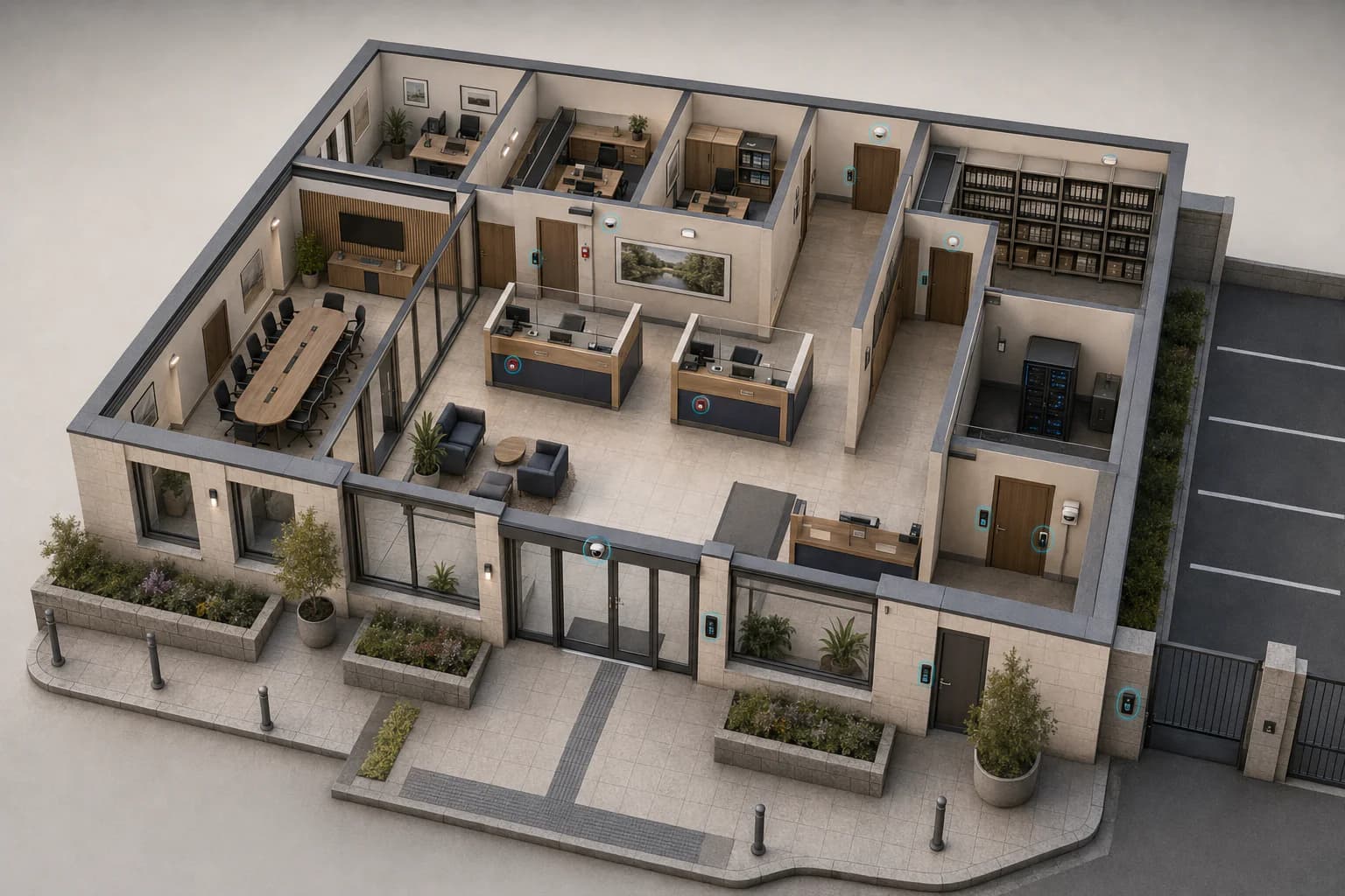 Plan 3D d’une mairie avec accueil public, caméras d’accès, boutons d’urgence, badges, archives, PPMS et réseau
