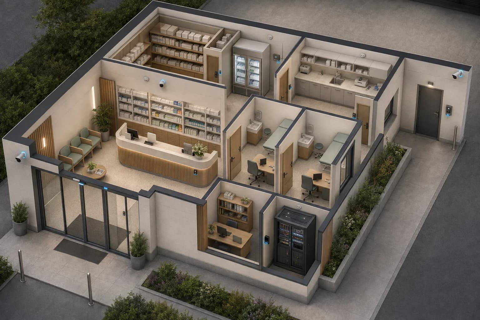 Plan 3D d’une pharmacie et d’un cabinet avec caméras d’accès, bouton d’urgence, stock sécurisé, température, alarme et réseau