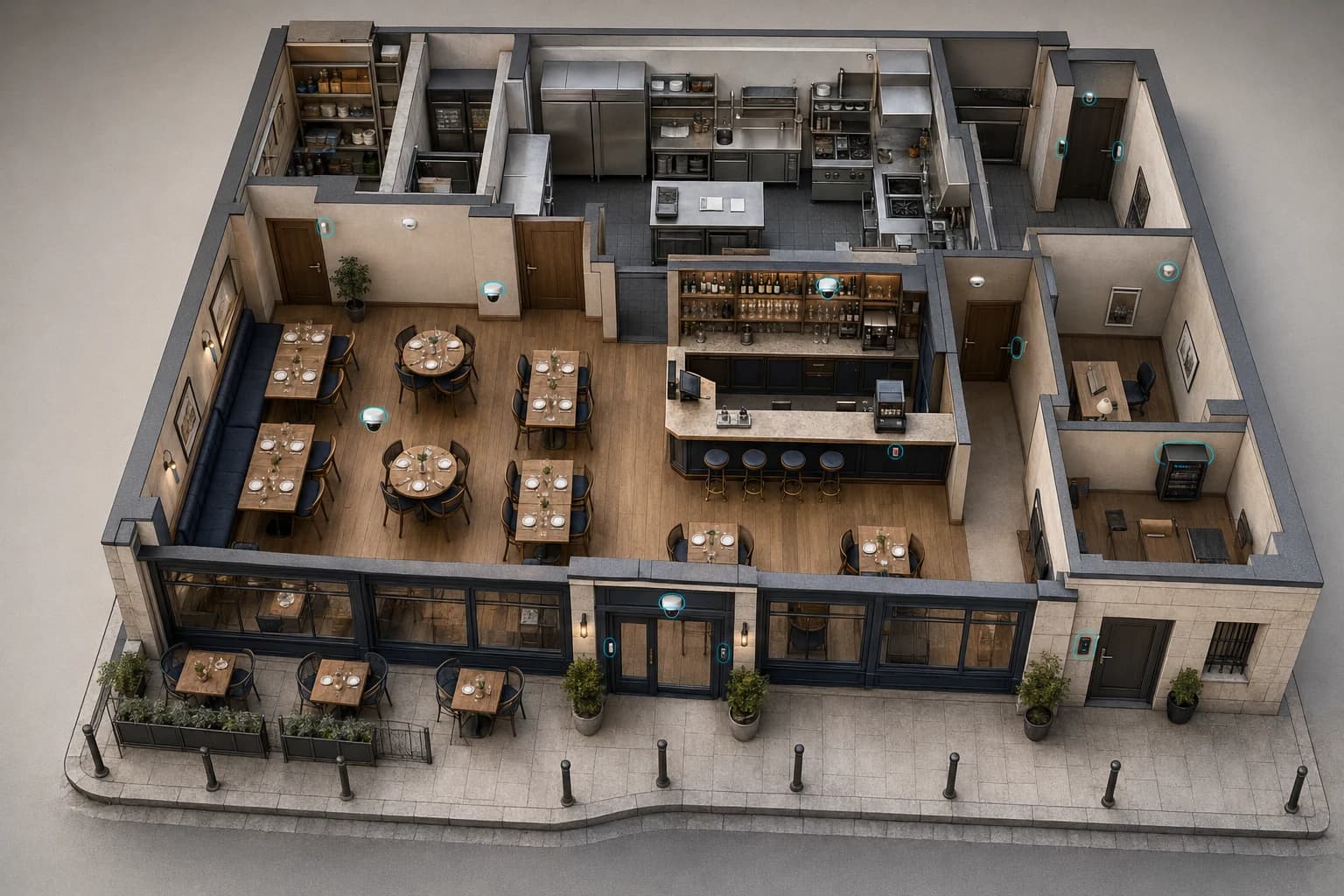 Plan 3D d’un restaurant avec implantation des caméras, alarmes, accès, interphone et équipements techniques