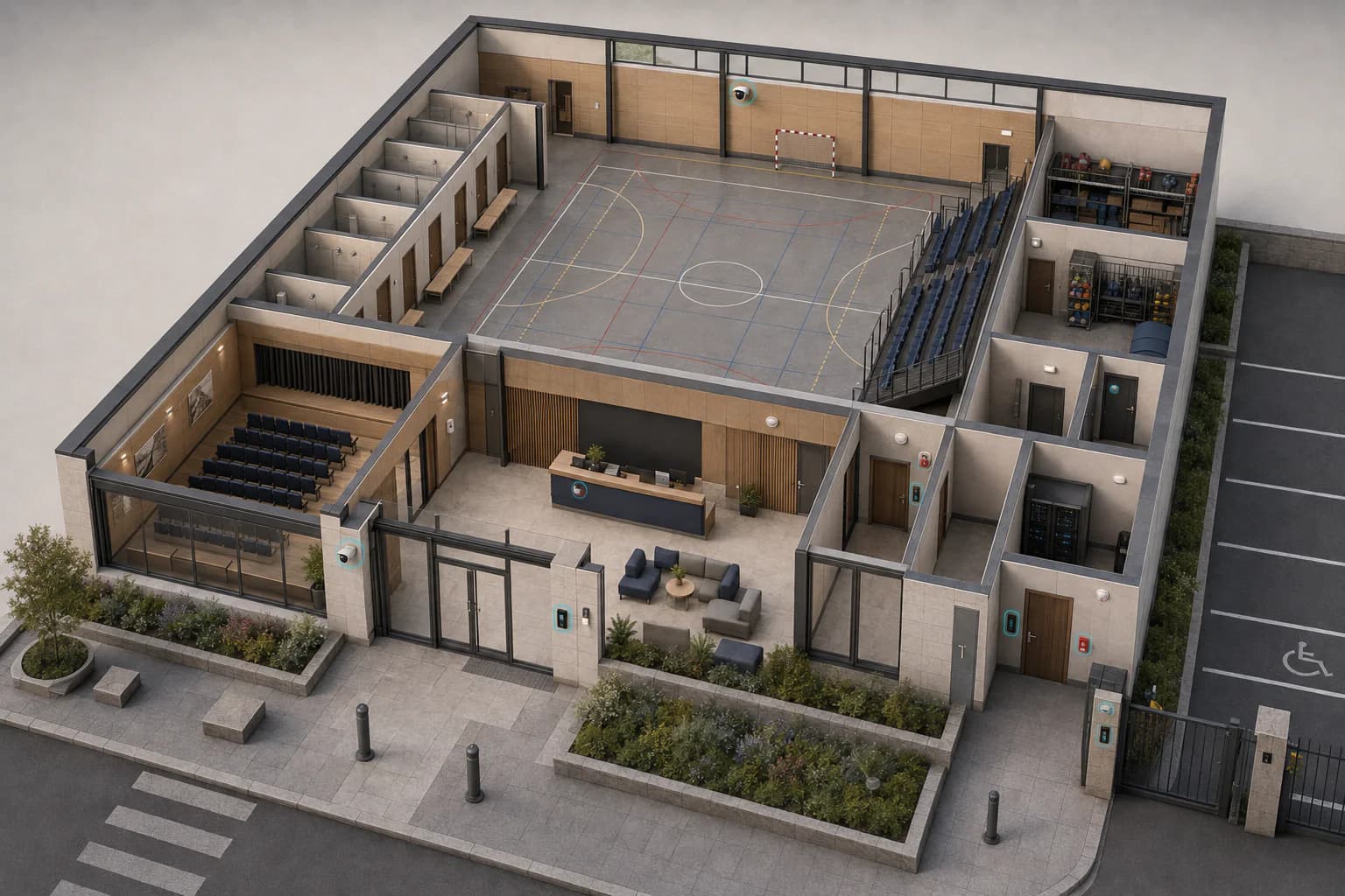 Plan 3D d’un équipement sportif et culturel avec entrée publique, caméras, contrôle d’accès, alarme, incendie et réseau