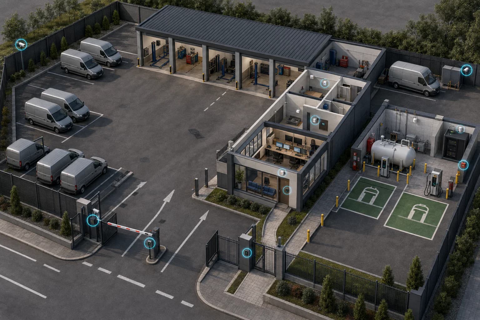 Plan 3D d’un dépôt de transport et parking avec barrière, lecture de plaques, caméras, badges, alarmes techniques et réseau