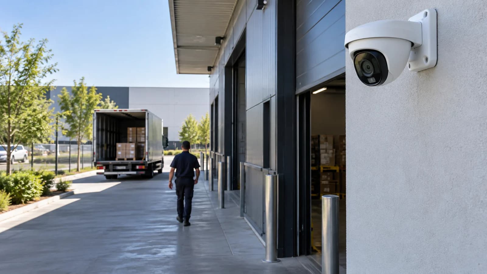Caméra surveillant un accès professionnel et une personne en mouvement — illustration d’un site fictif