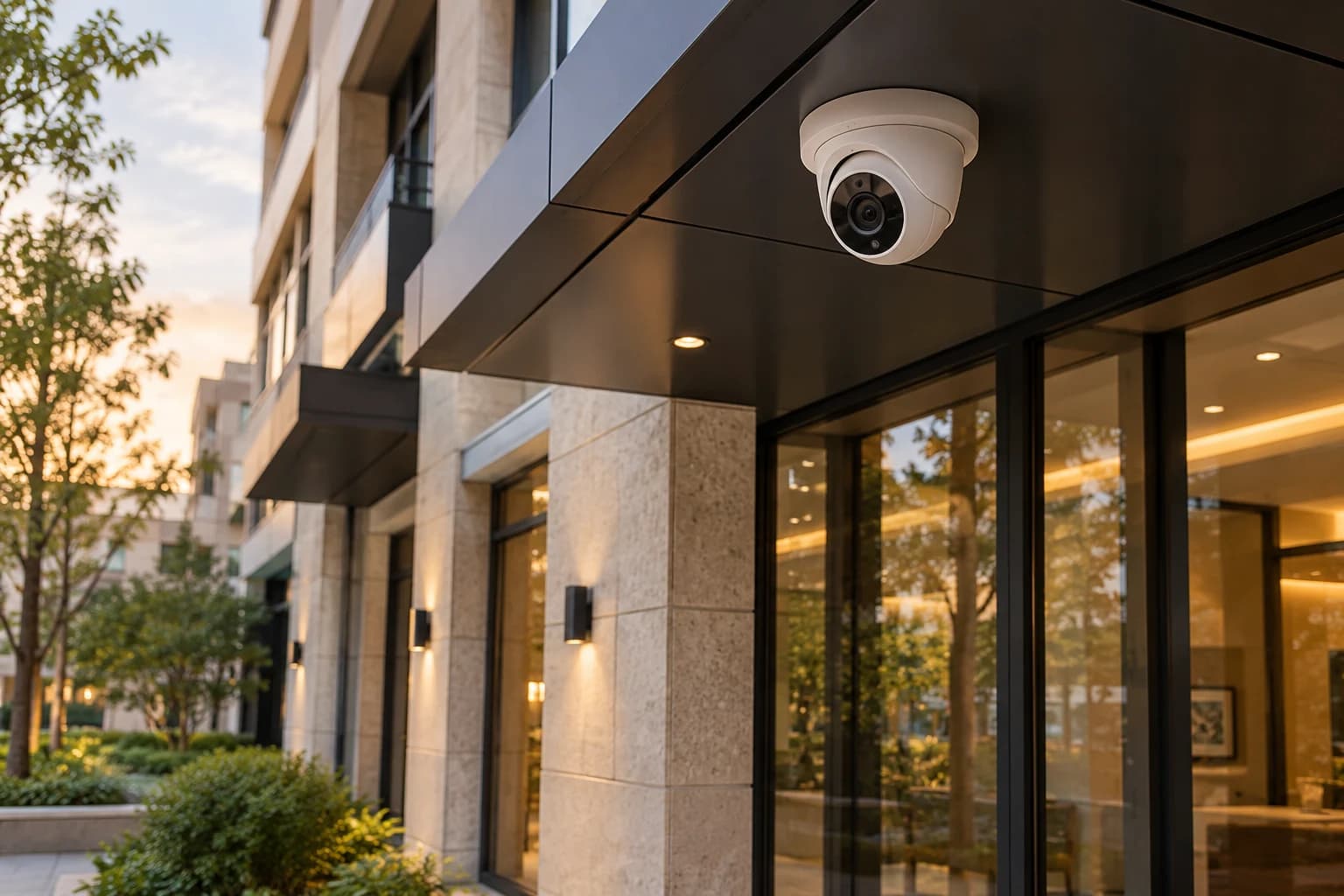 Illustration photoréaliste d’une caméra de surveillance intégrée sous l’auvent d’un bâtiment fictif