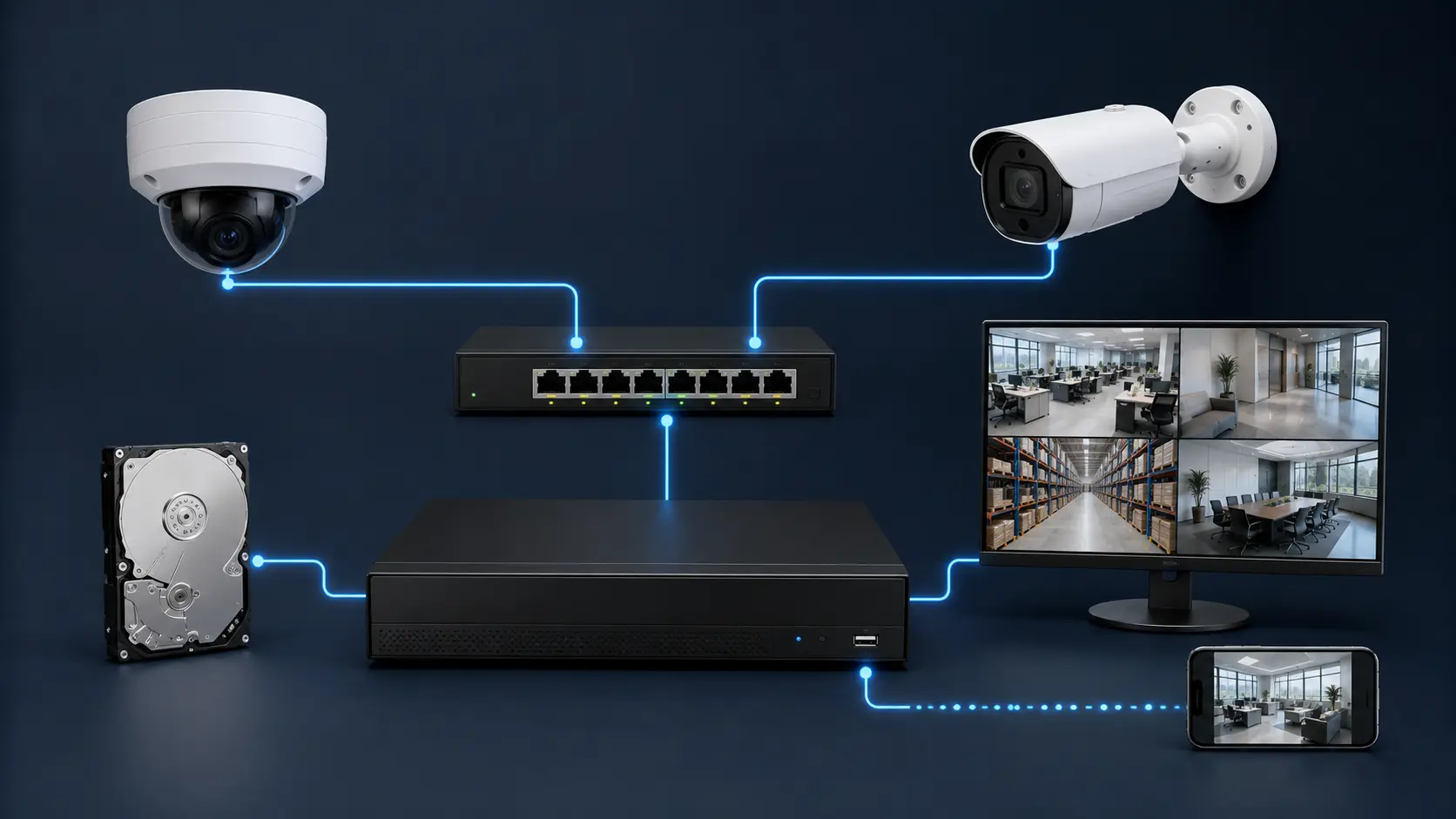 Installation illustrant Vidéosurveillance intelligente et caméras IA pour entreprise