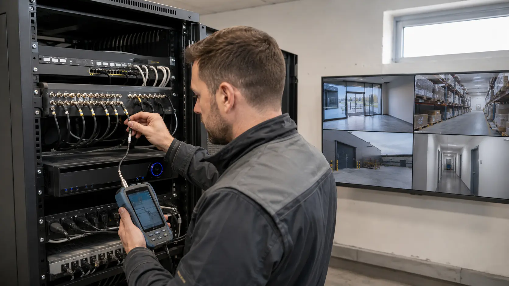 Technicien testant des lignes coaxiales devant un enregistreur hybride et des flux vidéo modernisés
