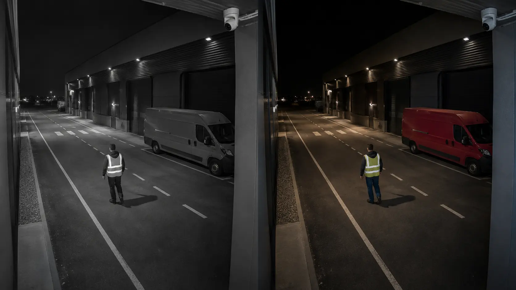Même quai logistique comparé en infrarouge monochrome et en couleur basse lumière