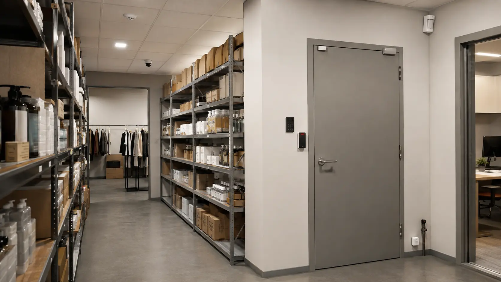 Réserve de magasin équipée d’un contrôle d’accès, d’une caméra et de détecteurs professionnels