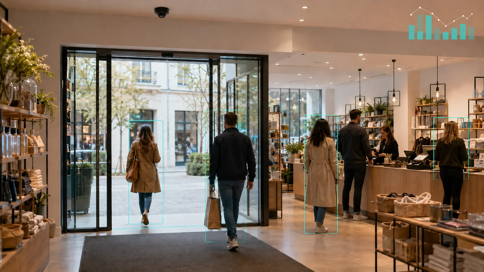 Magasin avec comptage de personnes à l’entrée et analyse discrète de file de caisse