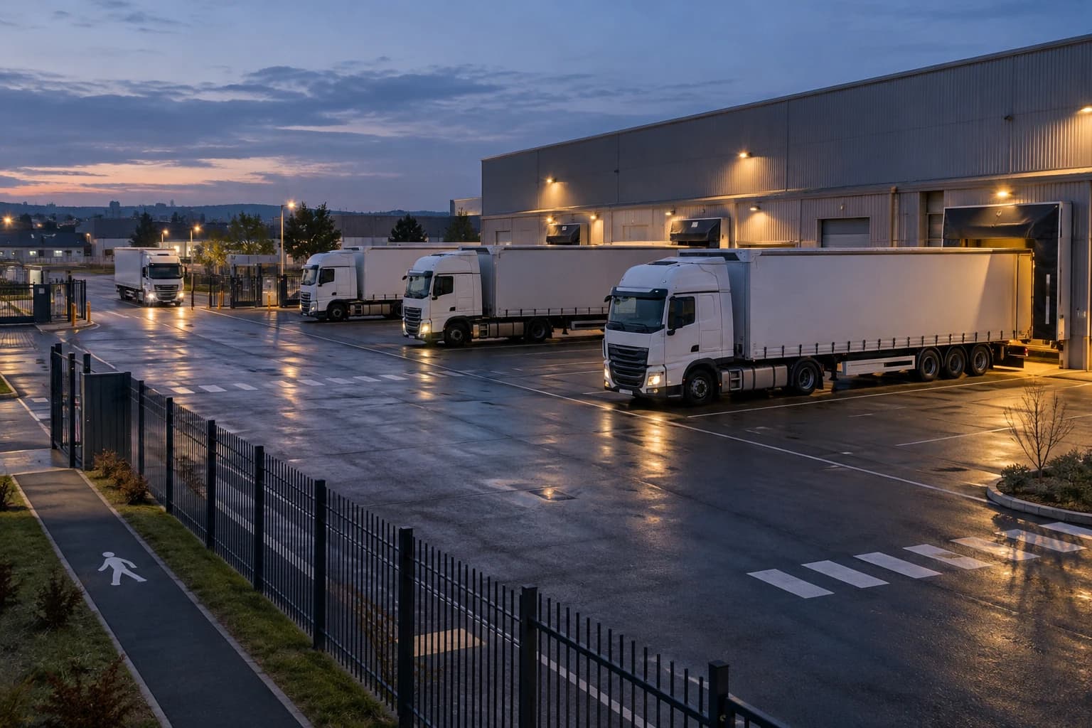 Illustration réaliste d’un dépôt de transport à la tombée du jour, avec poids lourds, quais et circulation piétonne distincte