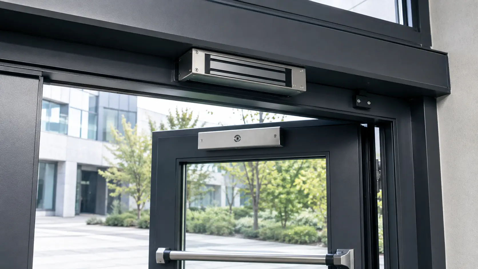 Ventouse électromagnétique installée en partie haute d’une porte