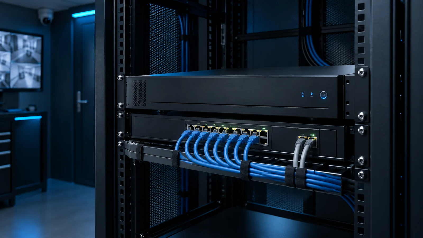 Illustration éditoriale d’un enregistreur vidéo et de ses connexions dans un espace technique.