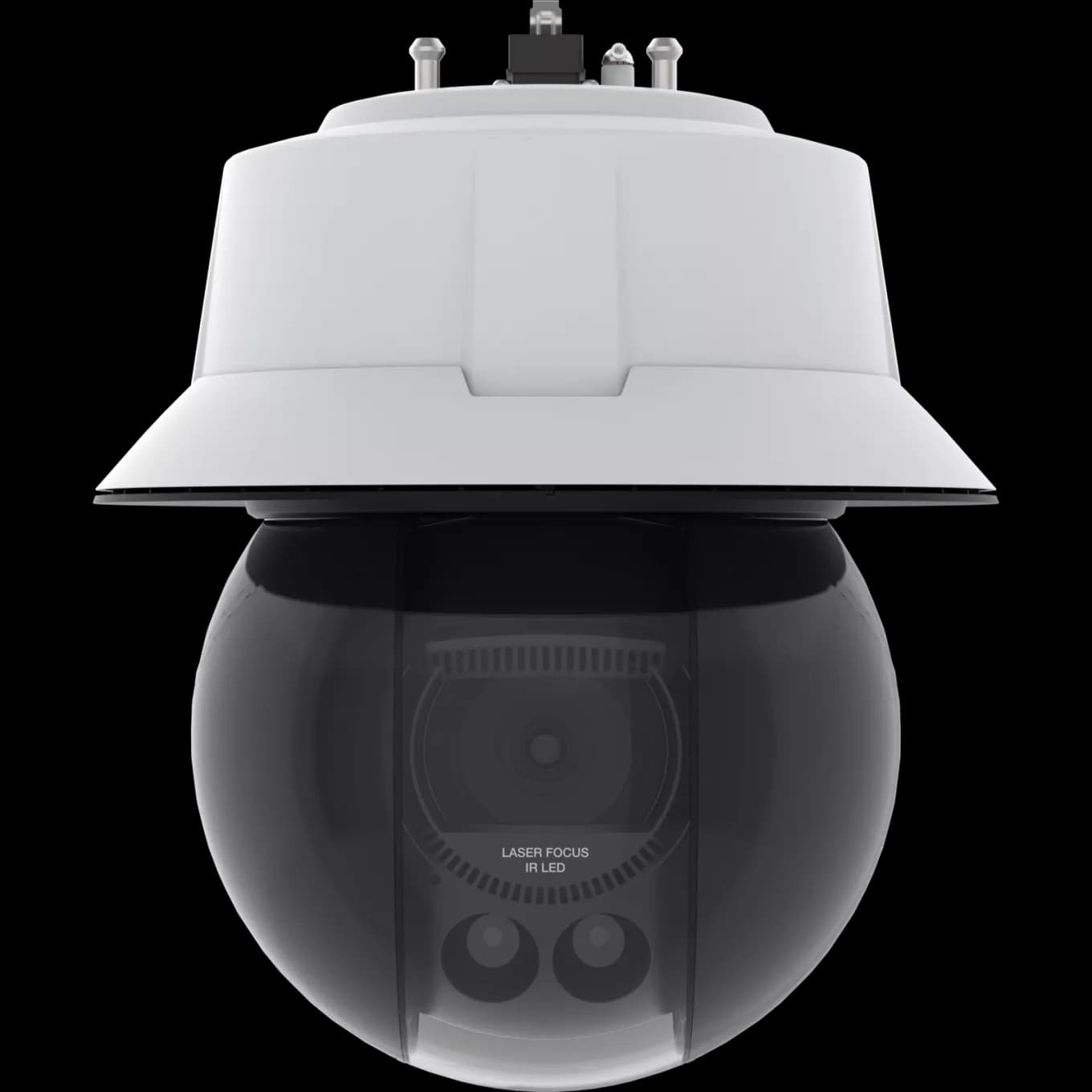 Caméra PTZ Axis Q6355-LE blanche vue de face, avec pare-soleil et dôme transparent