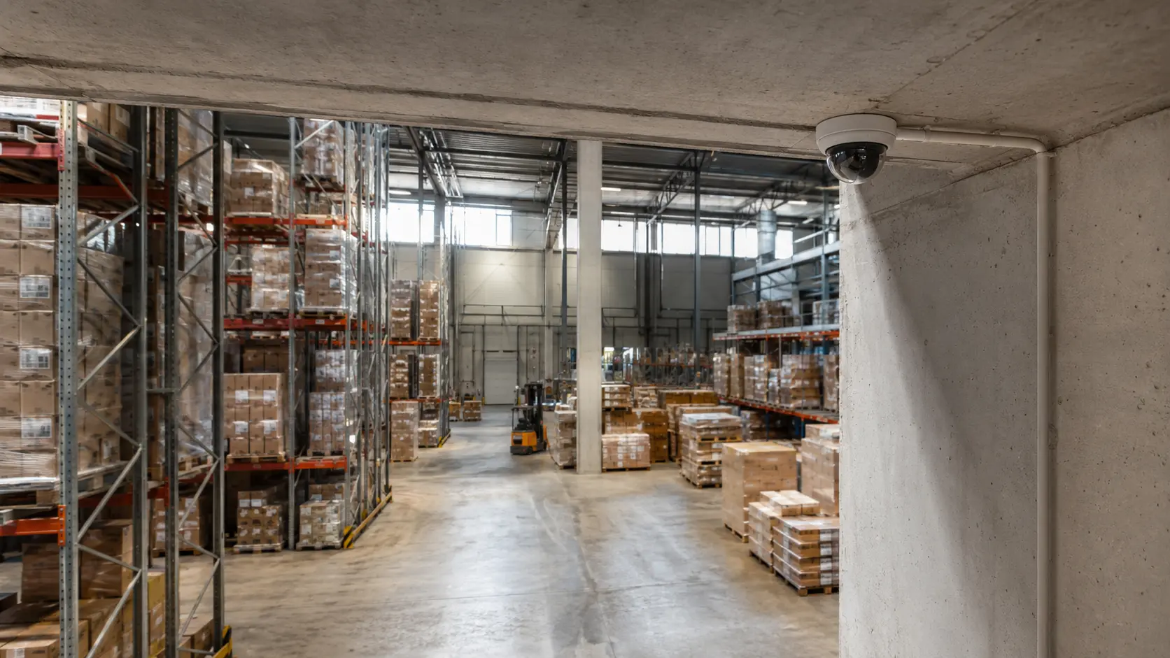 Illustration d’une caméra dôme couvrant une zone de stockage professionnelle