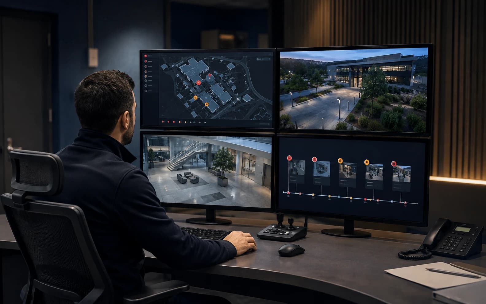 Opérateur utilisant un VMS organisé autour d’une carte, de scènes vidéo et d’une chronologie d’événements