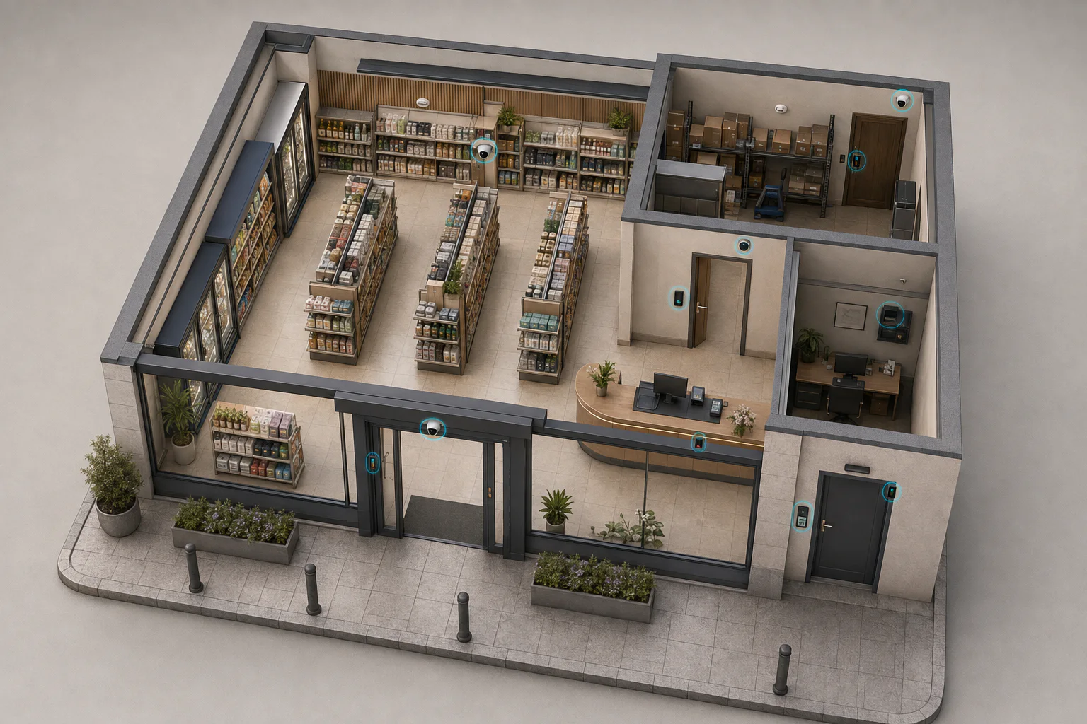 Plan 3D illustratif d’un commerce sécurisé