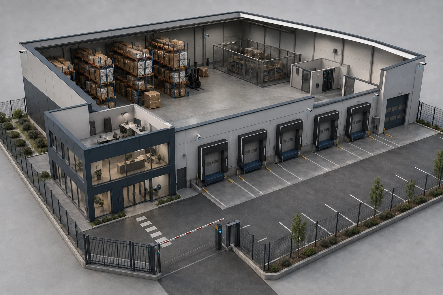 Plan 3D illustratif d’un site logistique sécurisé