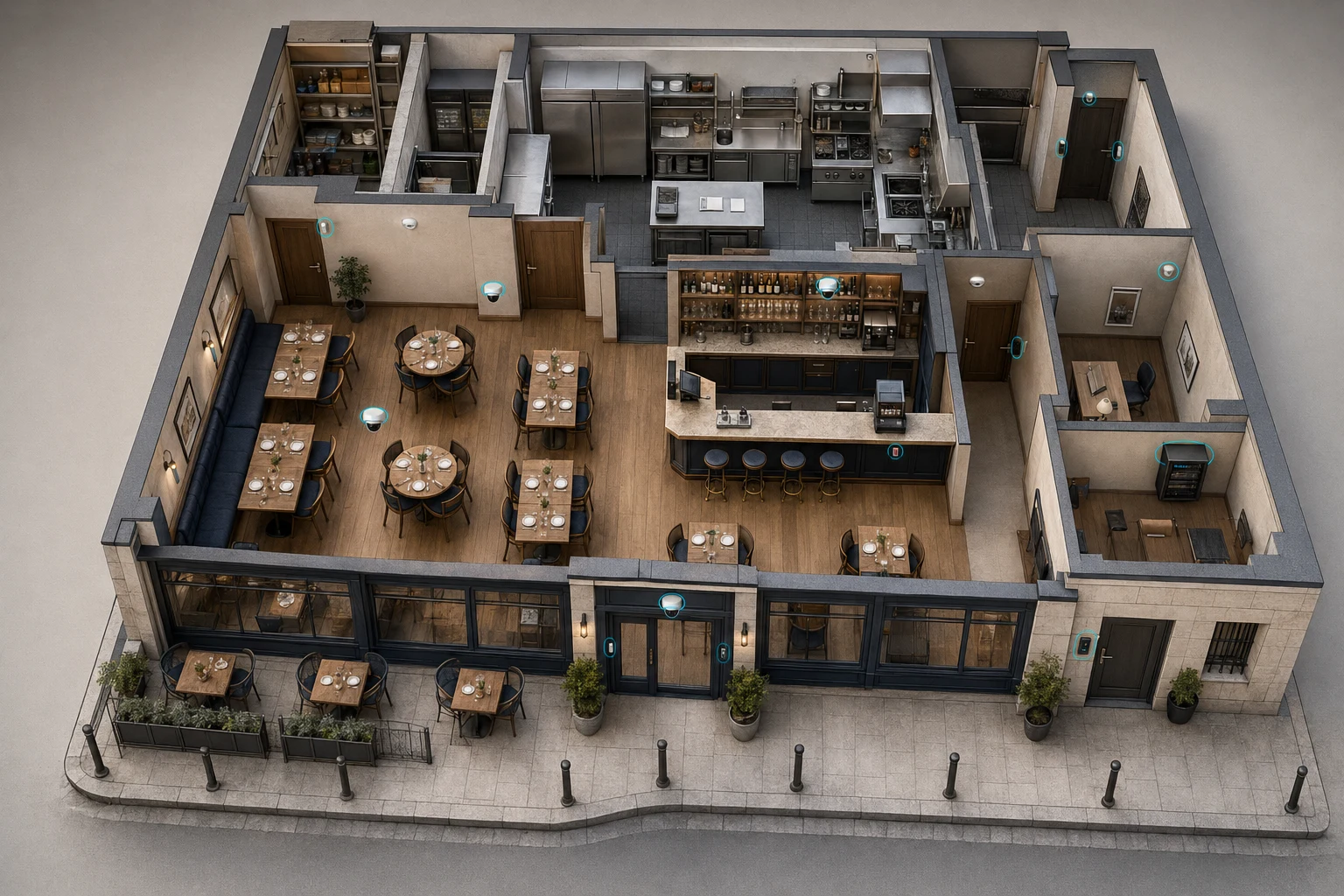 Plan 3D illustratif d’un restaurant sécurisé