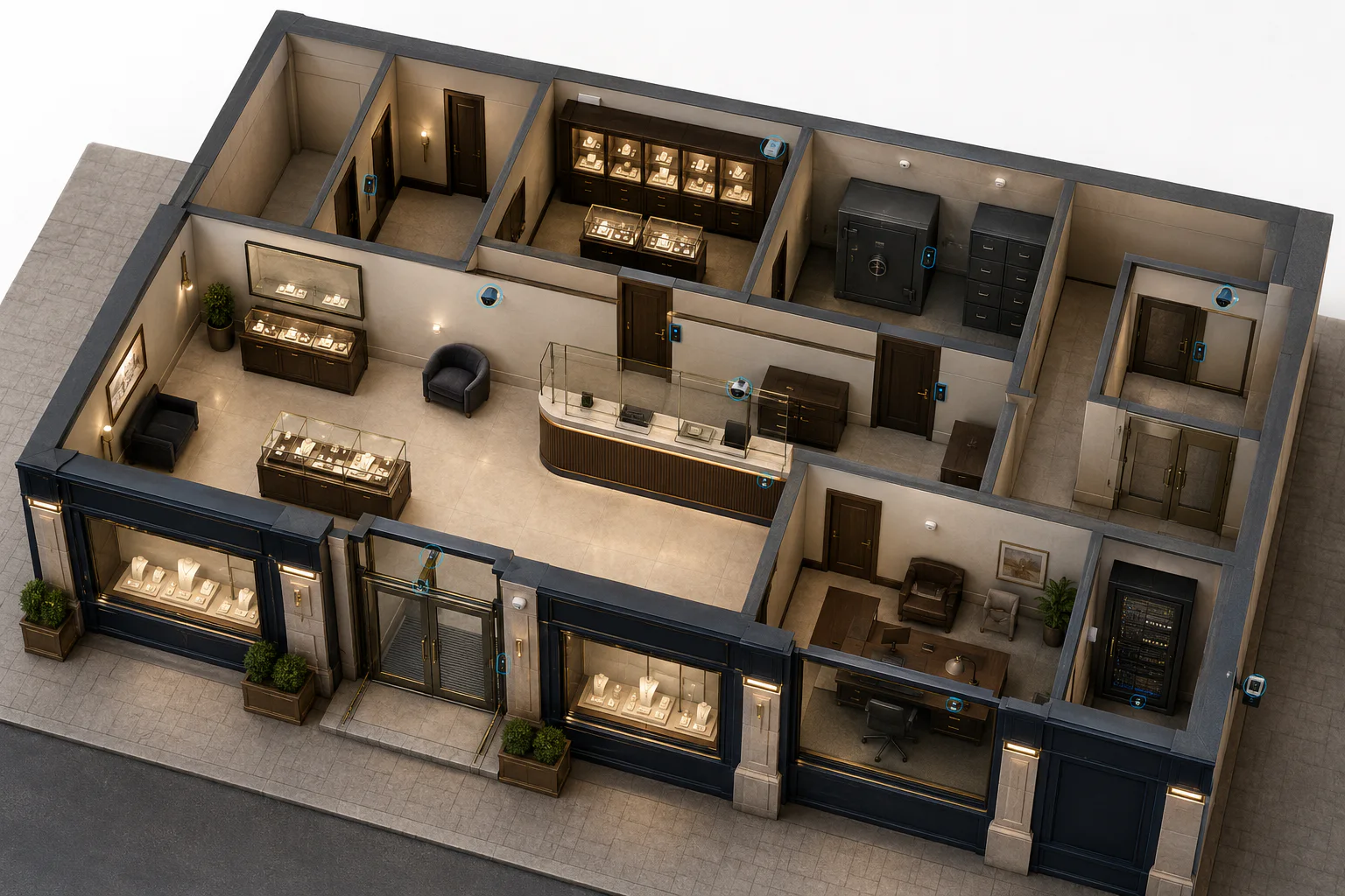 Plan 3D illustratif d’un commerce sensible sécurisé